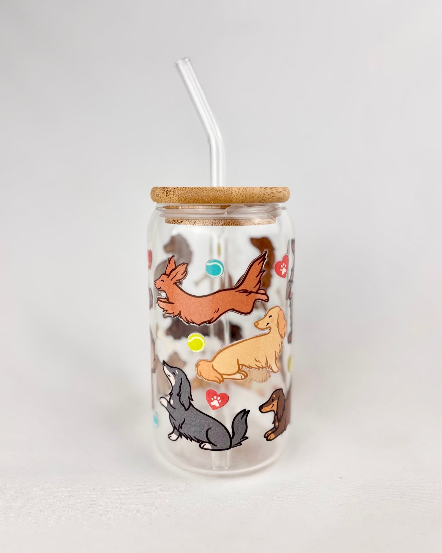 16oz glass tumbler with cartoon long-haired dachshunds and bamboo lid