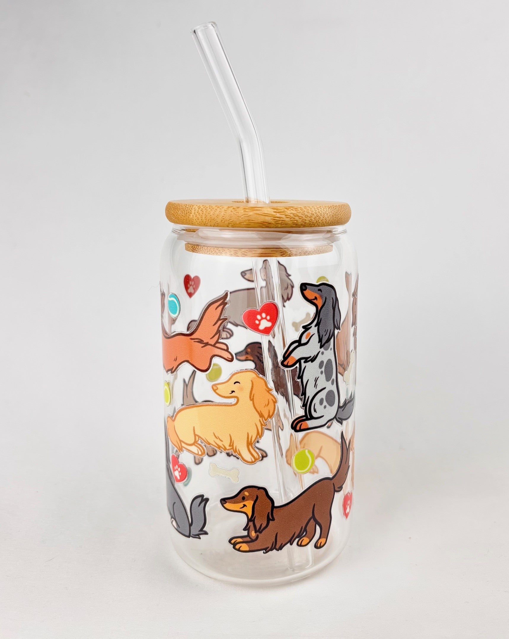Cute long hair dachshund drinkware with bamboo lid and reusable straw