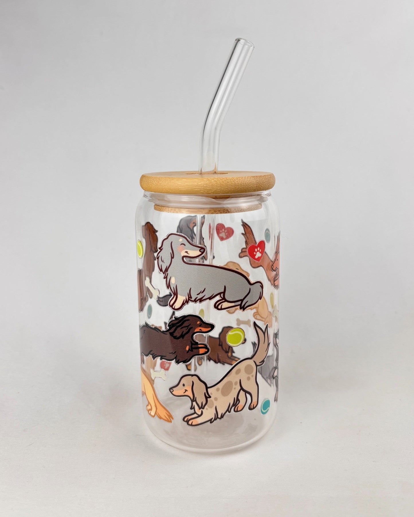 Dachshund clear glass cup with glass straw and double-sided DTF wrap