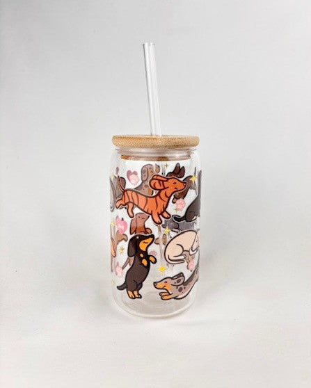 16oz glass tumbler with brindle dachshund and bamboo lid