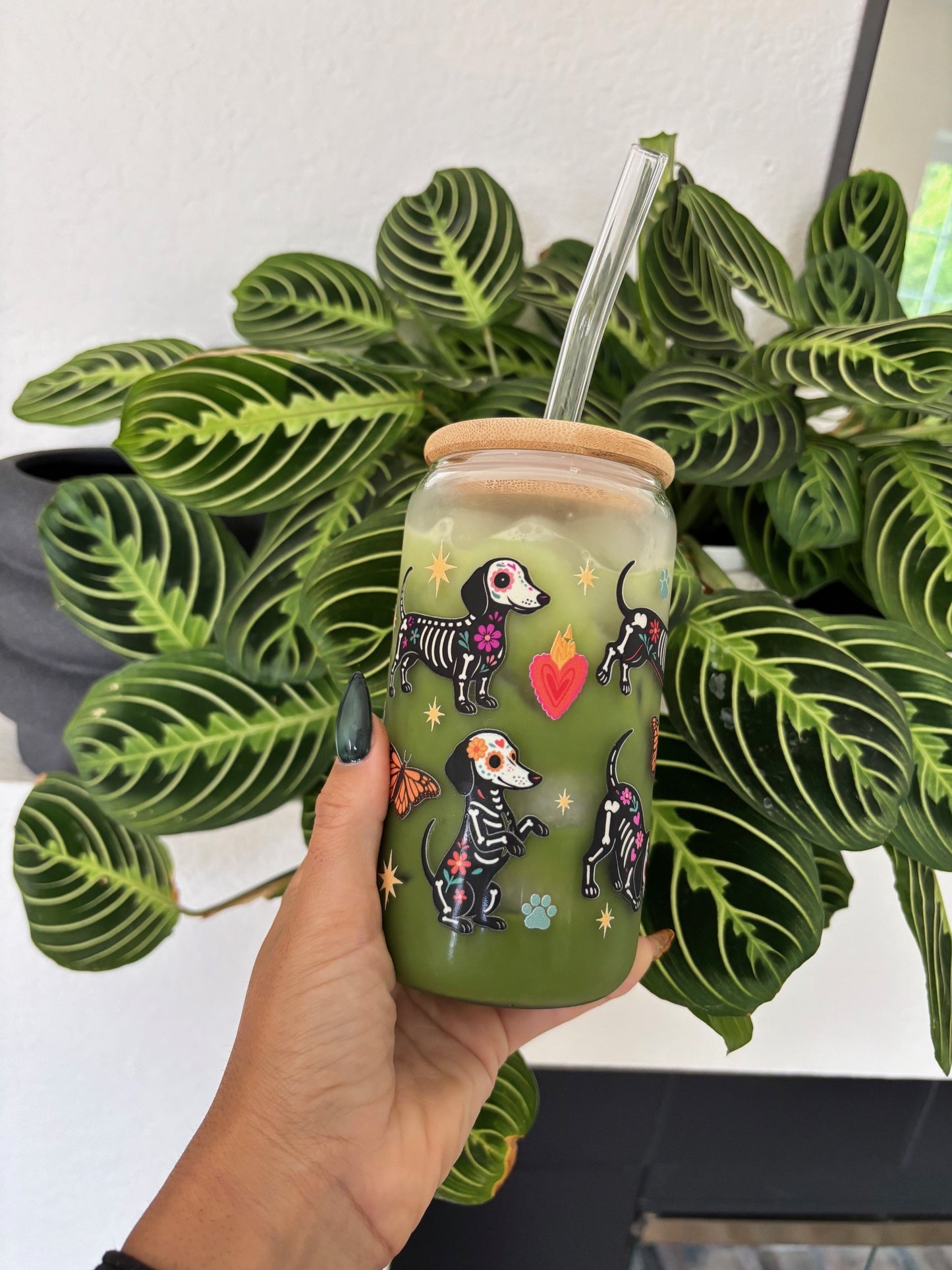 Day of the Dead Dachshund 16 oz Glass Tumbler
