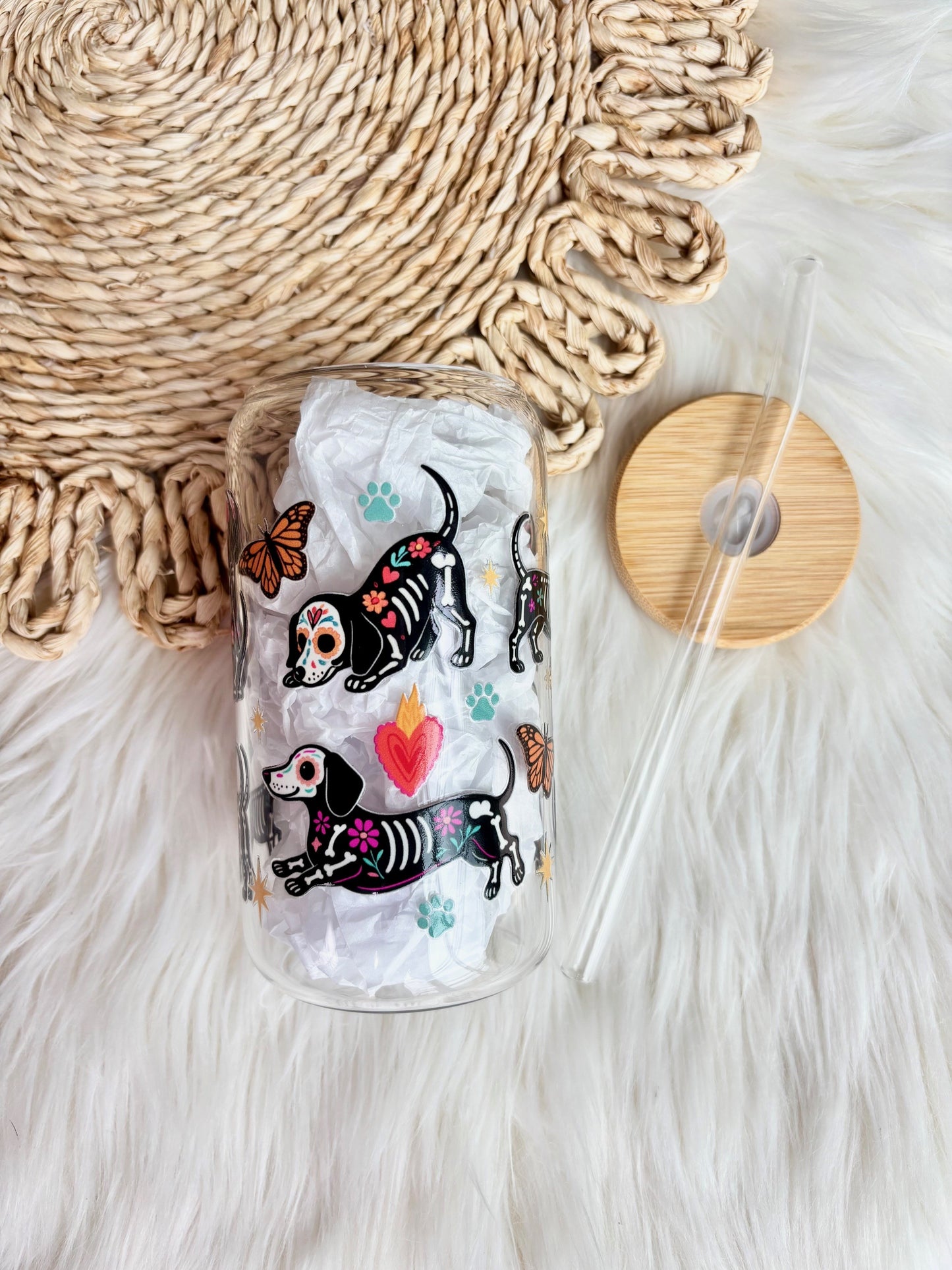 Day of the Dead Dachshund 16 oz Glass Tumbler