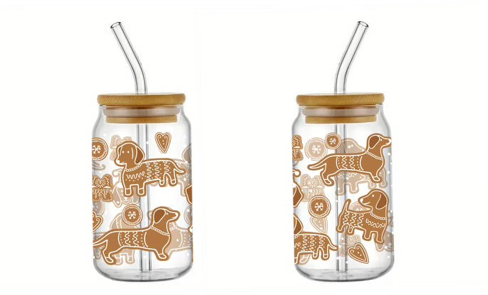 brown dachshund uv dtf on clear glass cups with bamboo lids