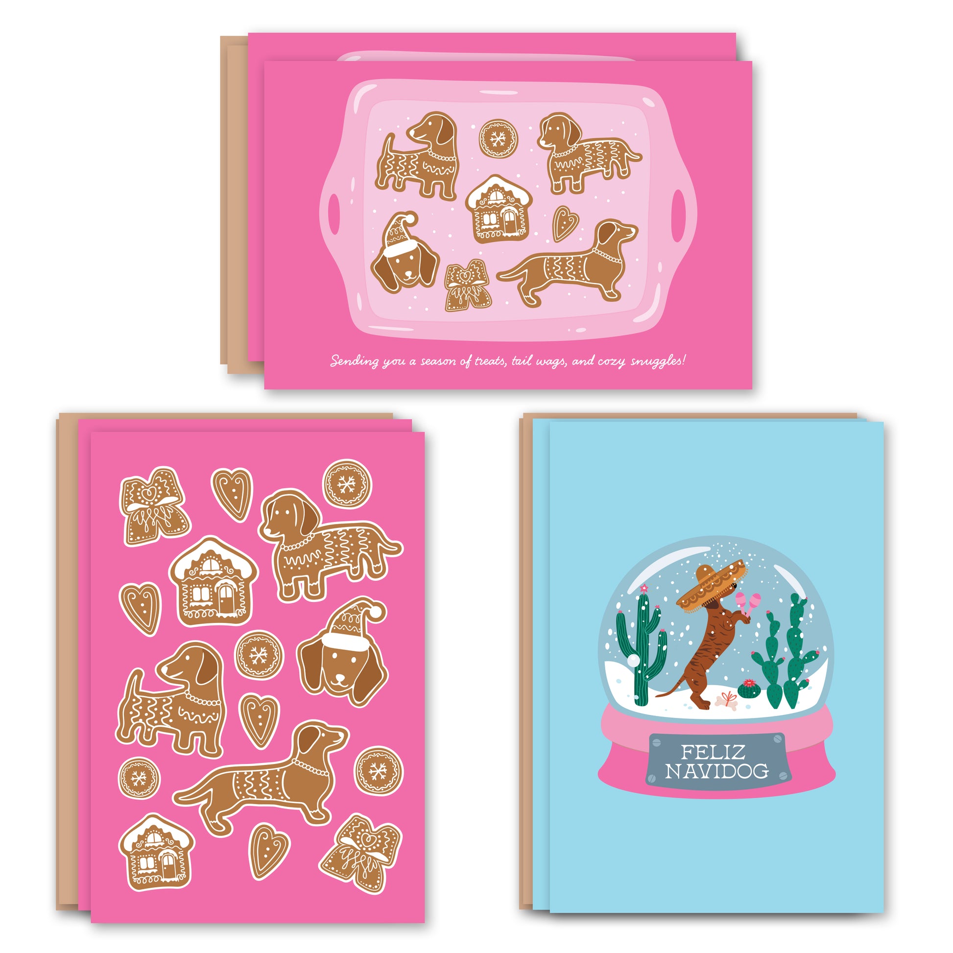 A set of six holiday postcards featuring whimsical illustrations of dachshunds in various Christmas-themed designs, including gingerbread cookies, a snow globe, and a tray of cookies.